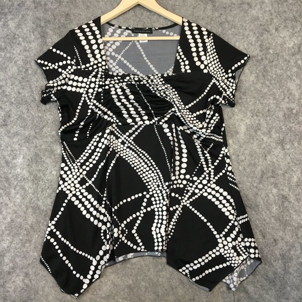American City Wear Top 3X Black Printed Career Casual Square Neck Asymmetric Hem